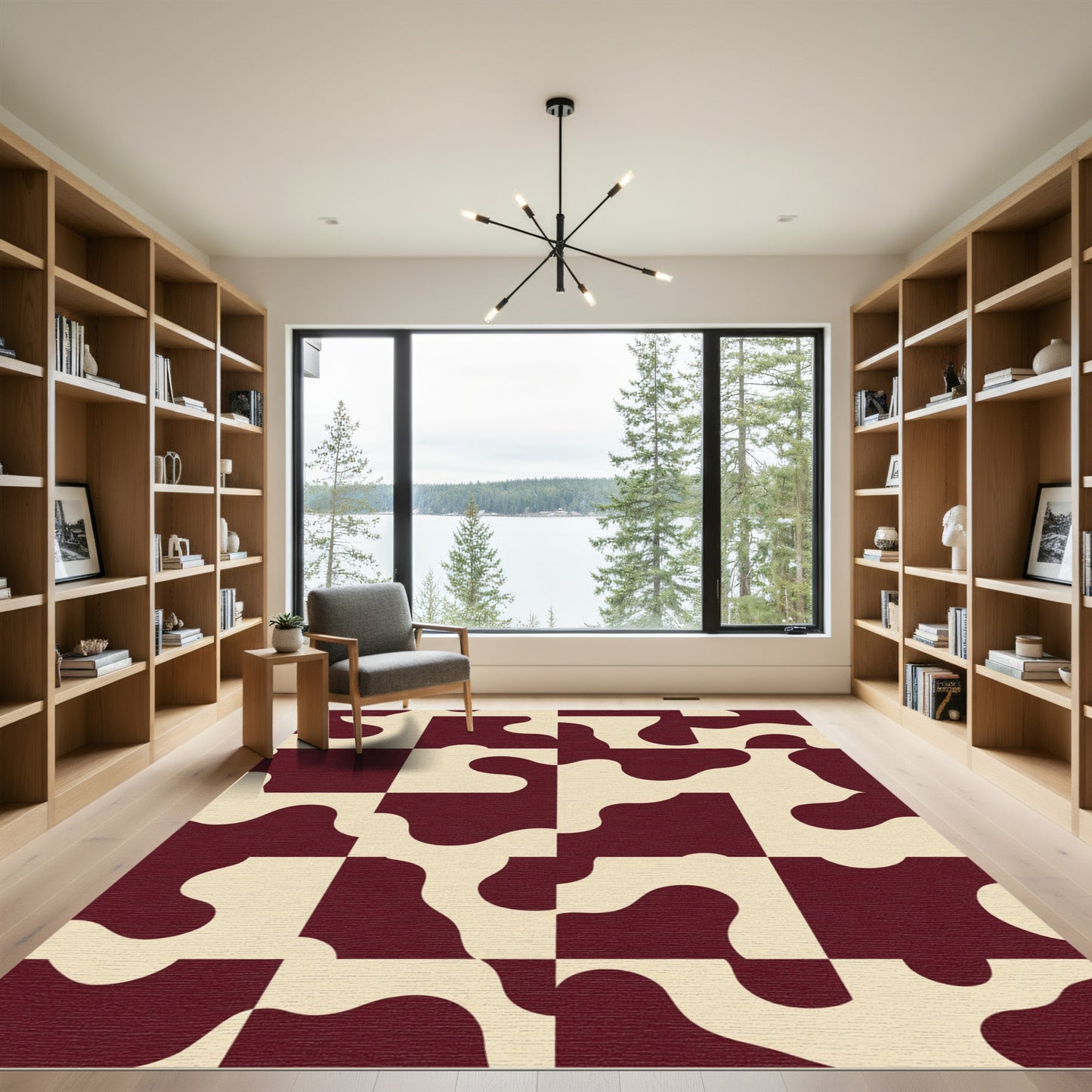 Deep Burgundy Abstract Organic Squares Rug