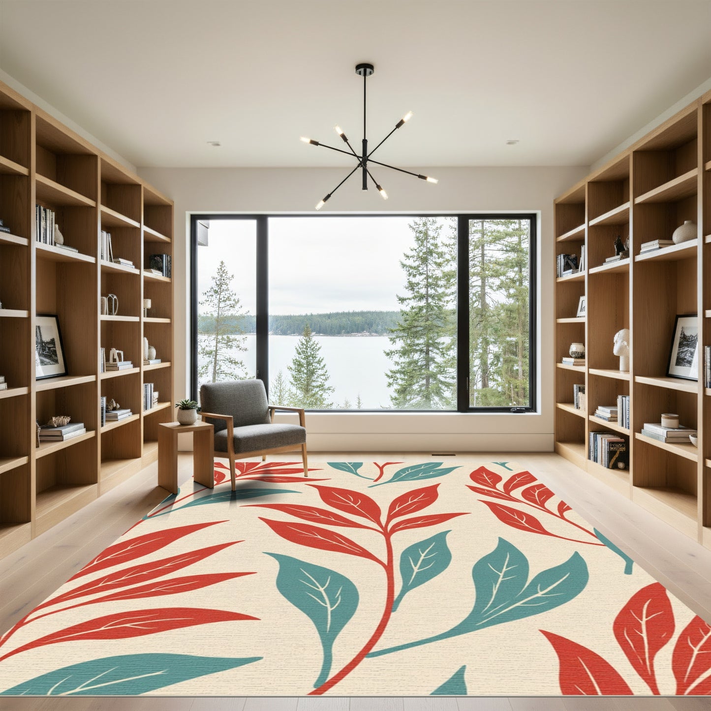 Red Teal Leafy Branches Rug