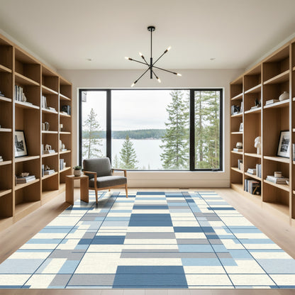 Modern Abstract Blue Geometric Blocks Rug