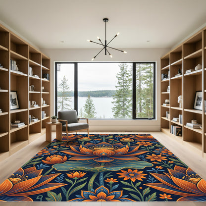 Warm Orange Blue Lotus Floral Immersion Rug