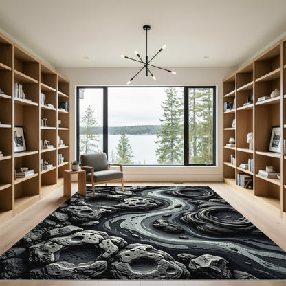 Dark Gray Abstract Stone Rippled Rug
