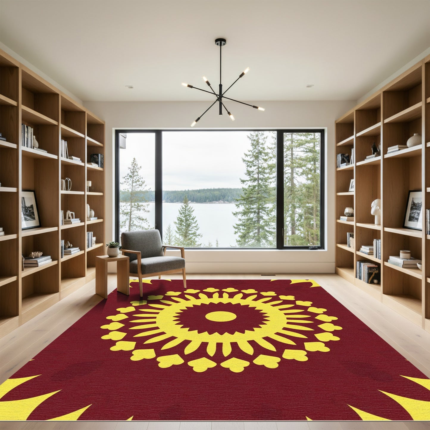 Crimson Yellow Sunburst Mandala Rug