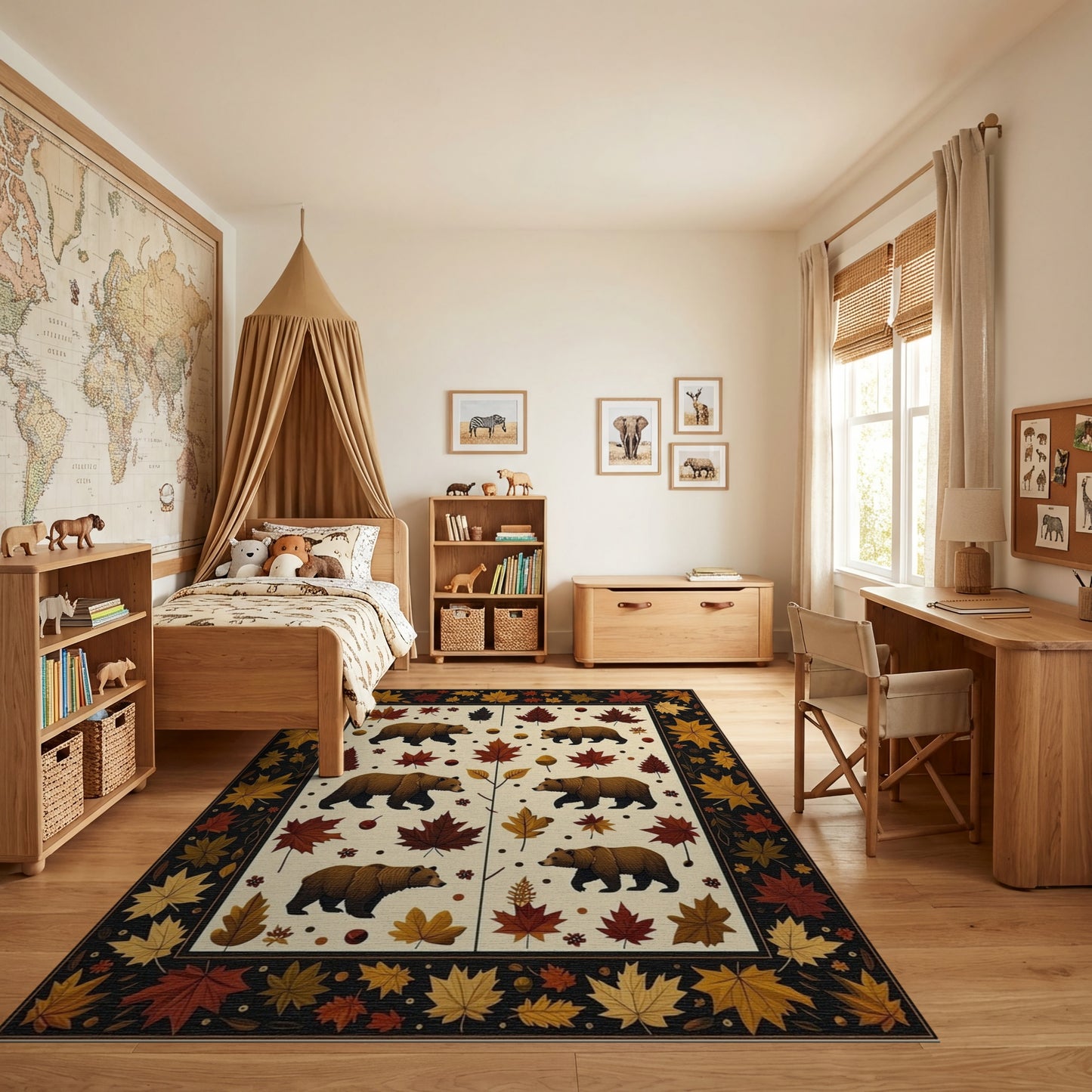 Whimsical Brown Bears Autumn Leaves Rug
