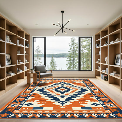 Navajo Inspired Orange Blue Geometric Rug
