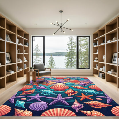 Vibrant Tropical Seashell and Starfish Illustration Rug