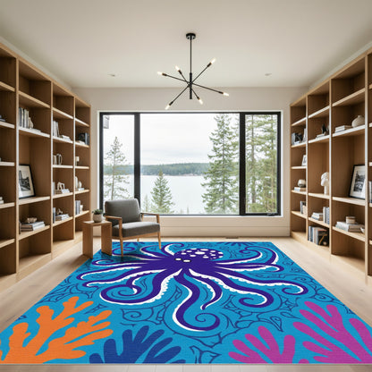 Vibrant Blue Octopus Swirl Coral Rug