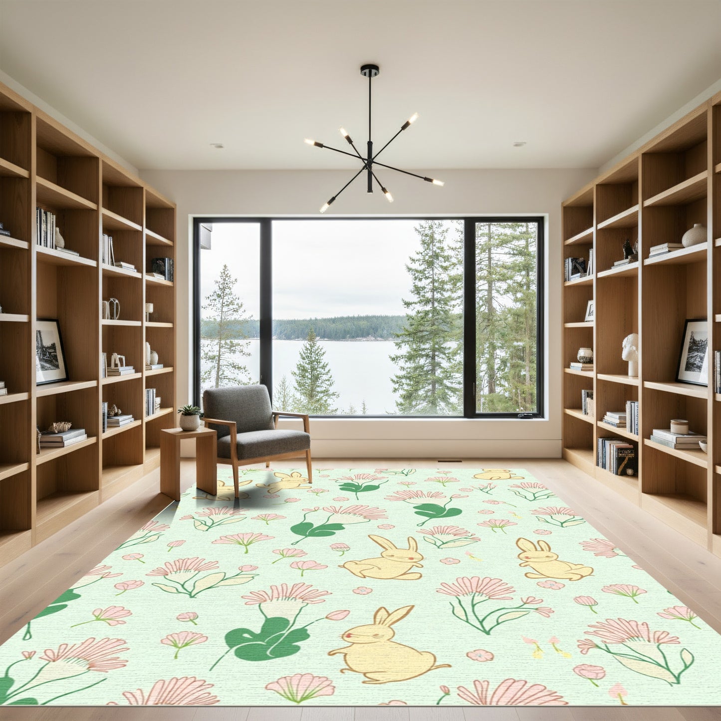 Whimsical Yellow Bunny Floral Meadow Rug