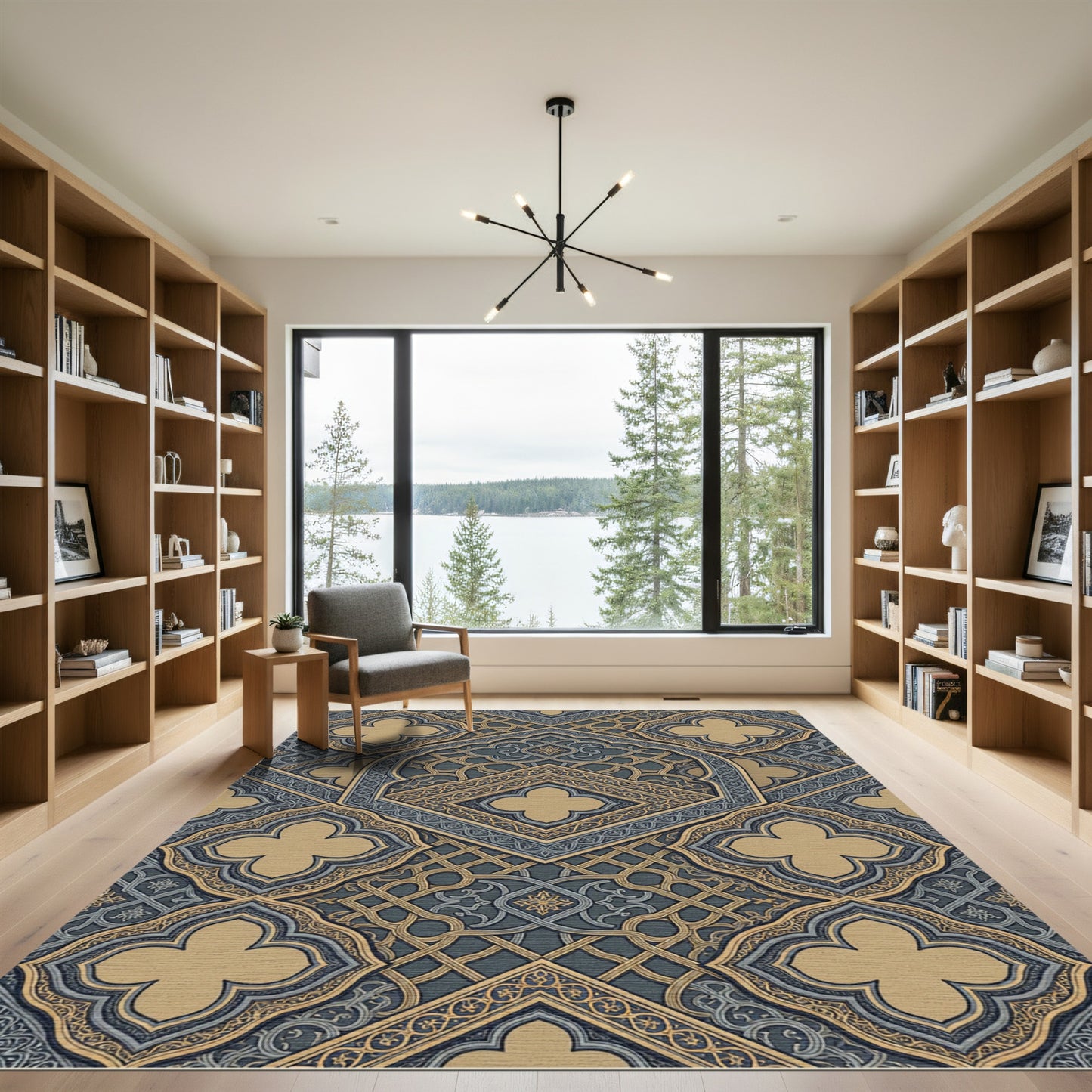 Gilded Slate Quatrefoil Ornate Geometric Rug