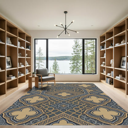 Gilded Slate Quatrefoil Ornate Geometric Rug