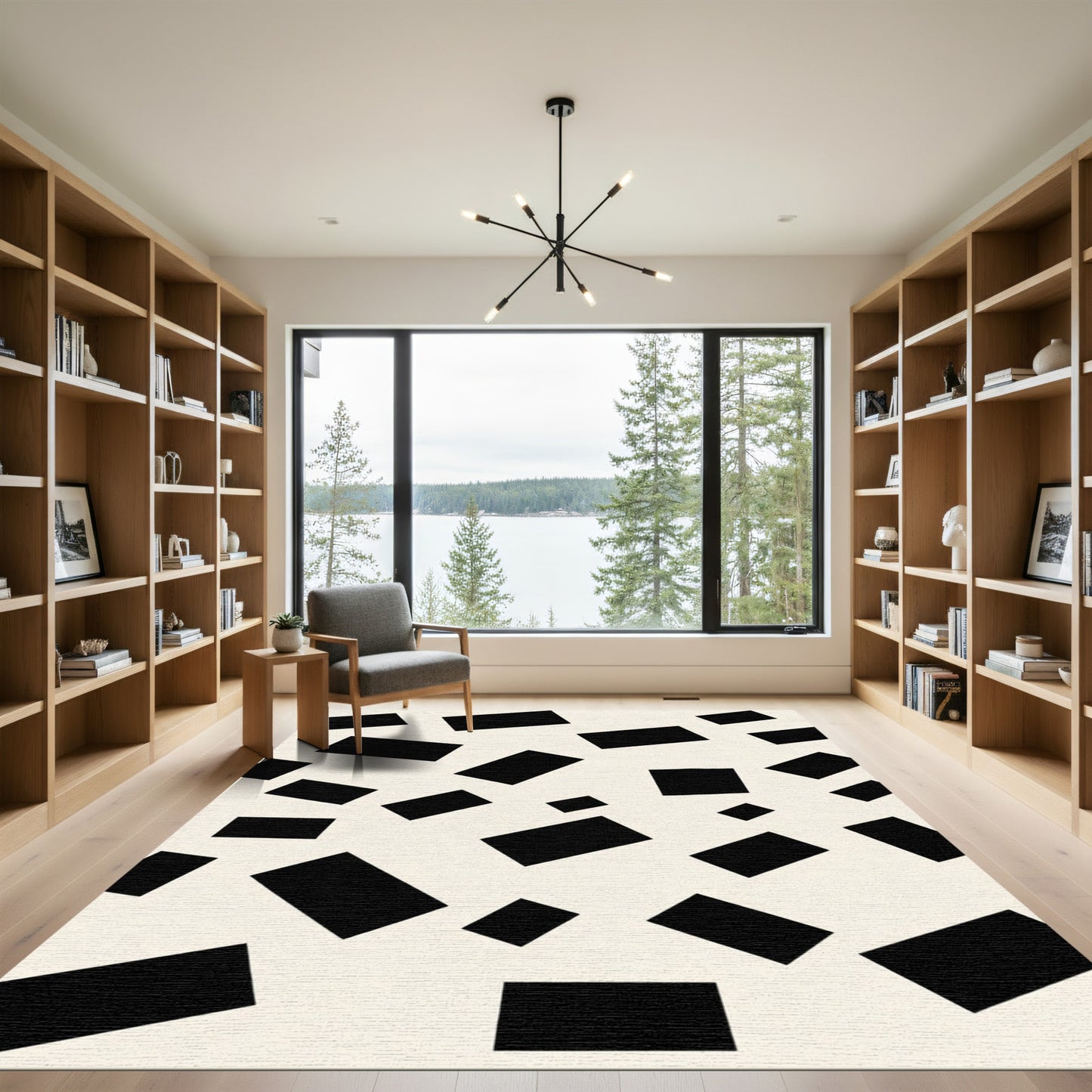 Abstract Black Blocks Cream Background Rug