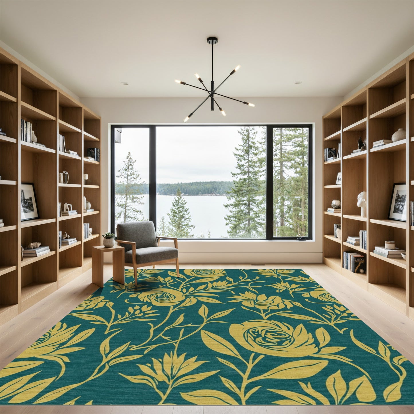 Teal Gold Floral Garden Whimsical Rug