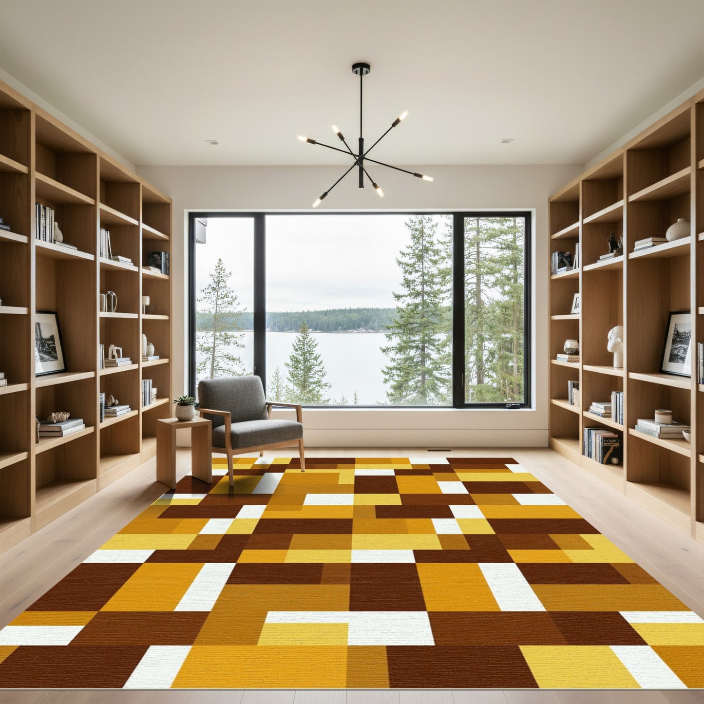 Modern Ochre Brown Geometric Block Art Rug