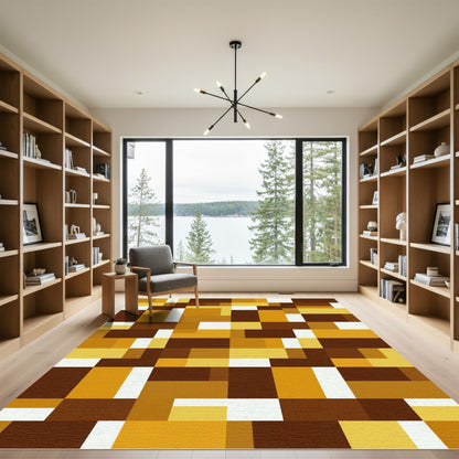 Modern Ochre Brown Geometric Block Art Rug