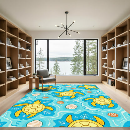 Yellow Sea Turtle Coral Shells Rug
