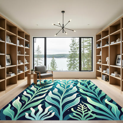 Lush Green Teal Botanical Seaweed Rug