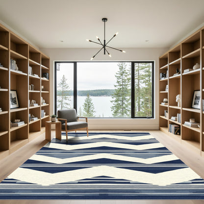 Indigo Cream Geometric Chevron Stripes Rug