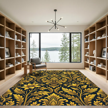 Luxury Golden Floral Damask Scroll Rug