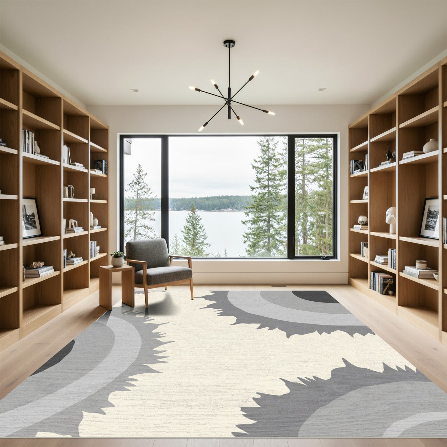 Modern Gray Sunburst Concentric Rings Rug