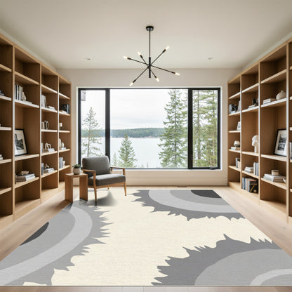 Modern Gray Sunburst Concentric Rings Rug