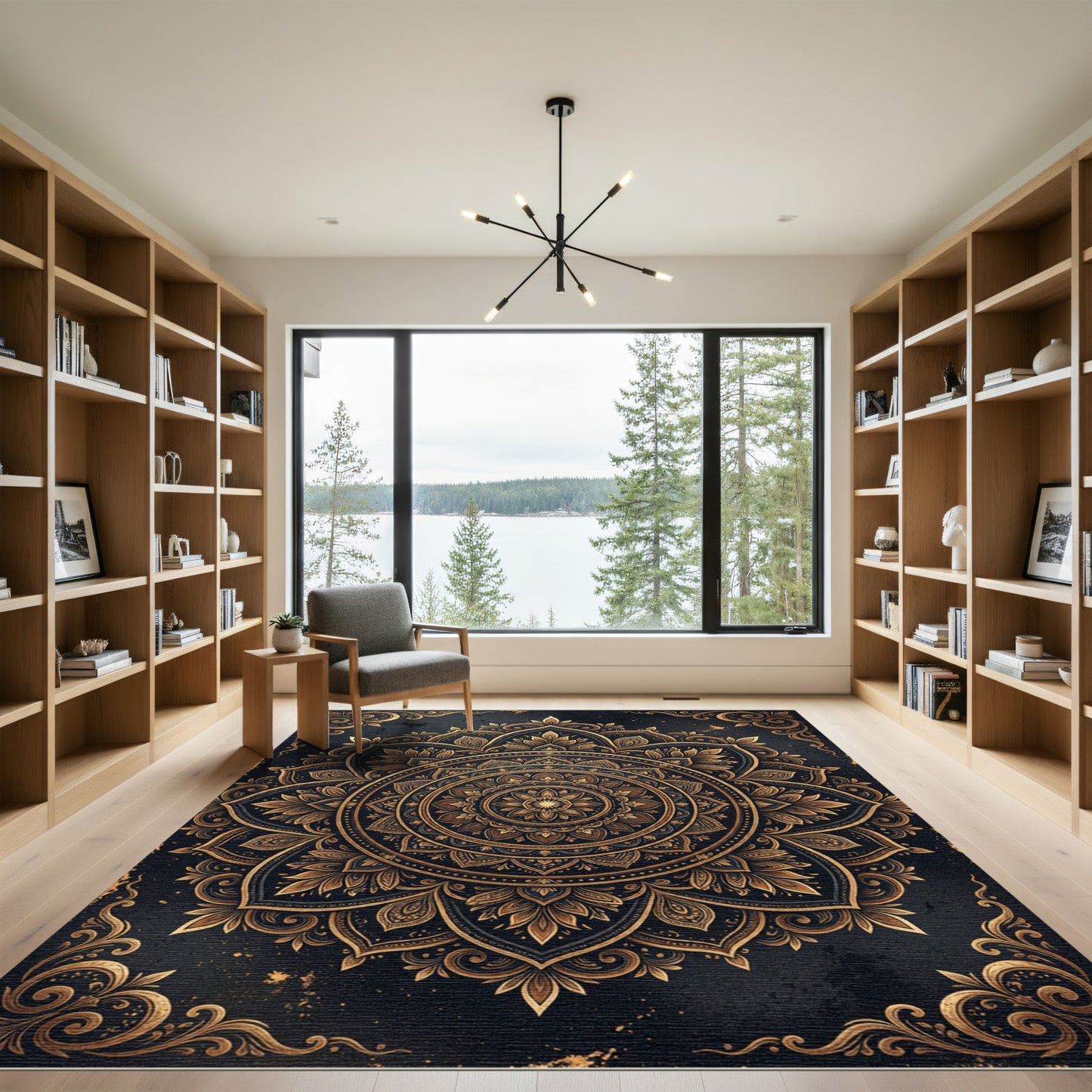Gilded Black Intricate Floral Mandala Rug
