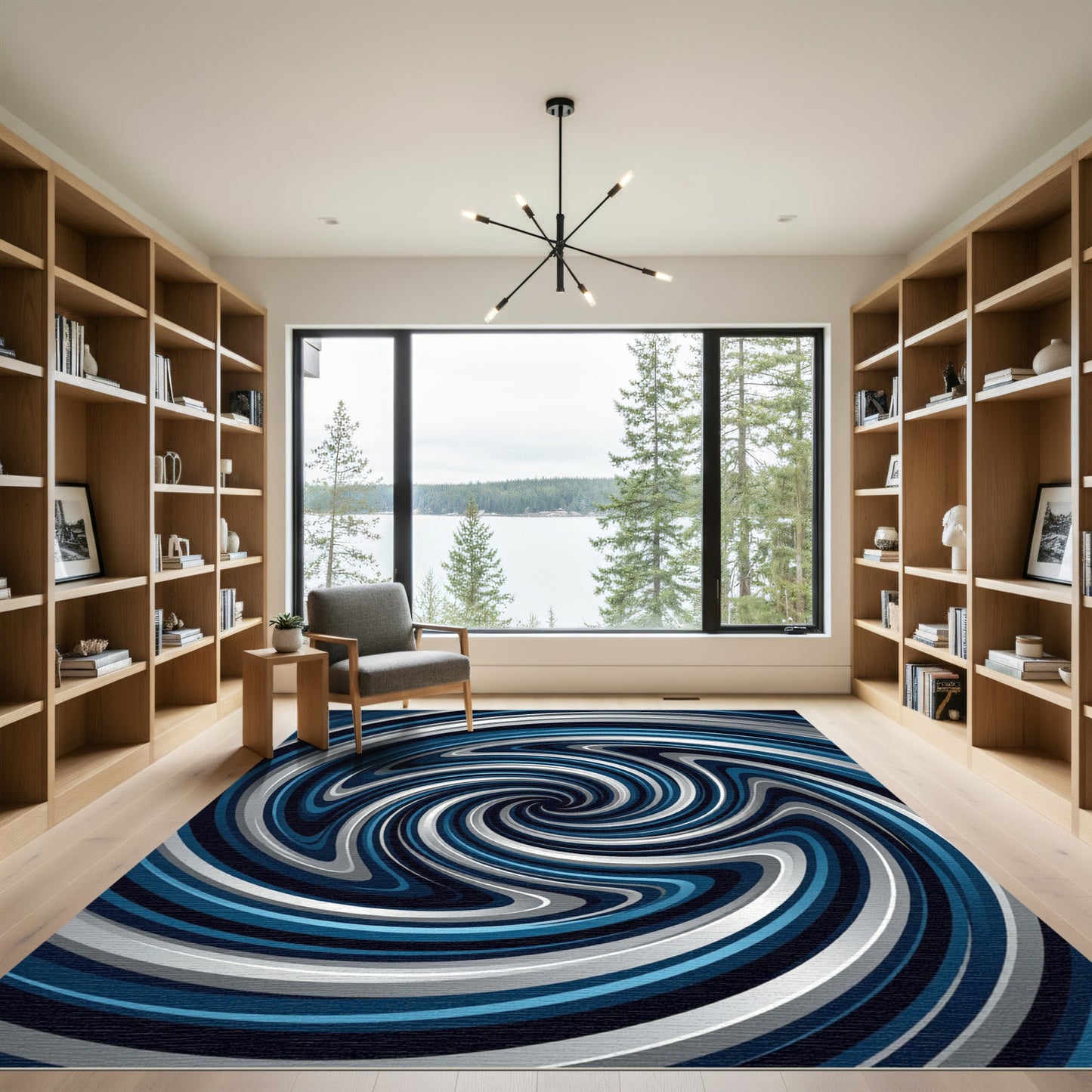 Dynamic Blue and Silver Swirl Spiral Rug