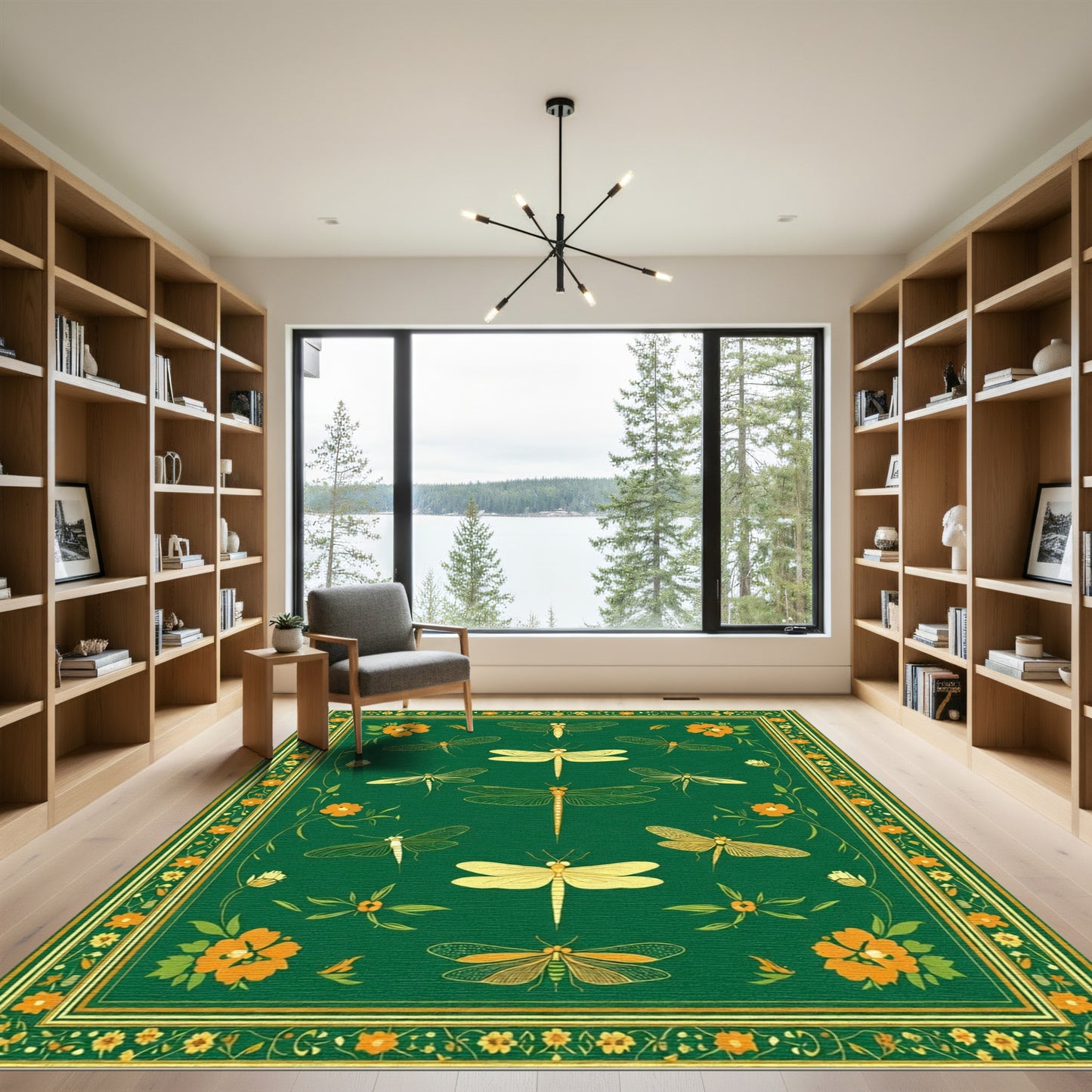 Green Yellow Dragonfly Floral Border Rug