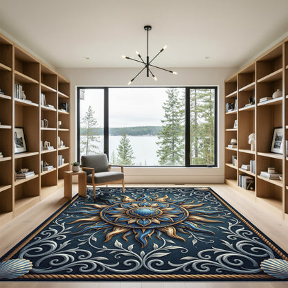 Ornate Blue and Gold Celestial Sun Rug