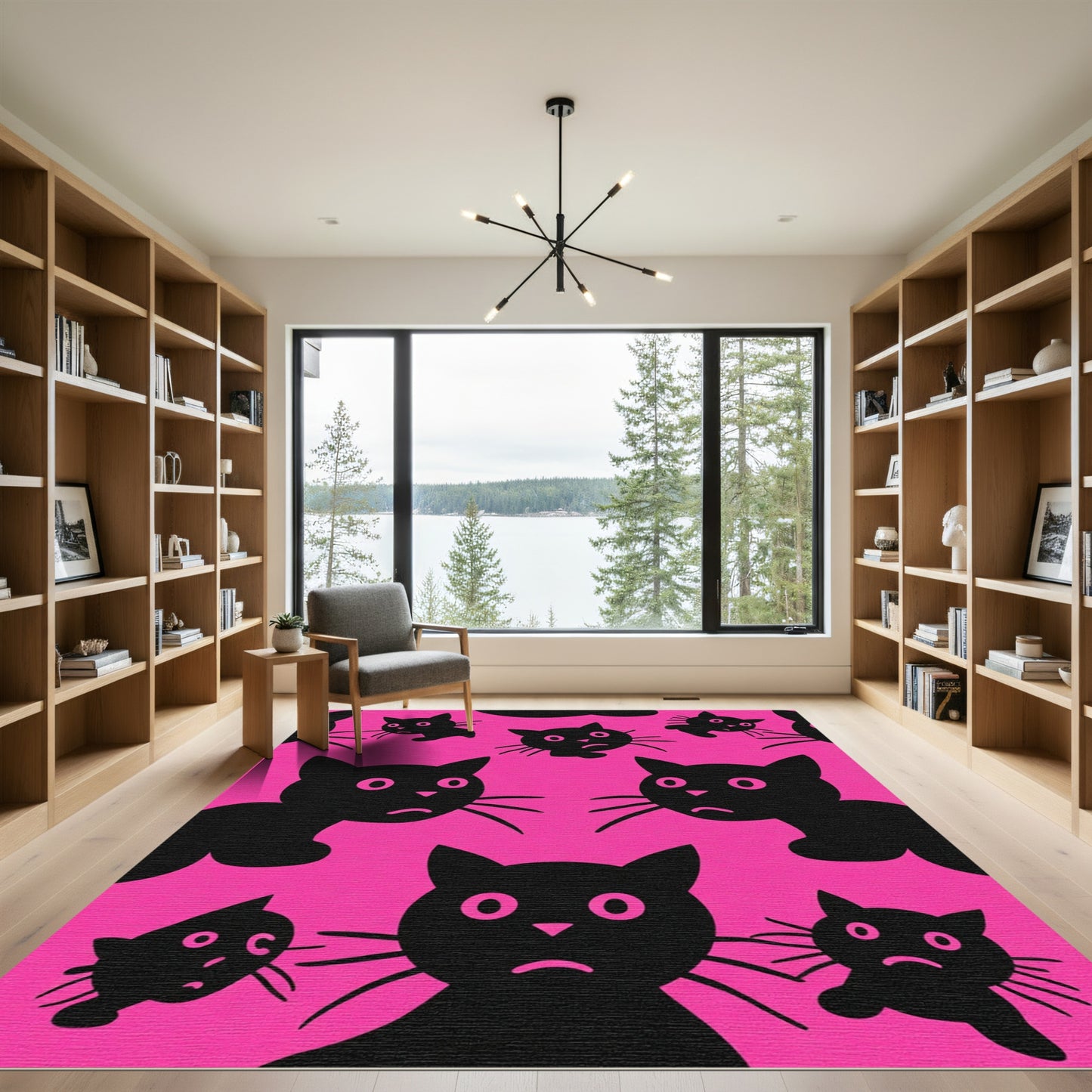 Black Whimsical Cats Pink Background Rug