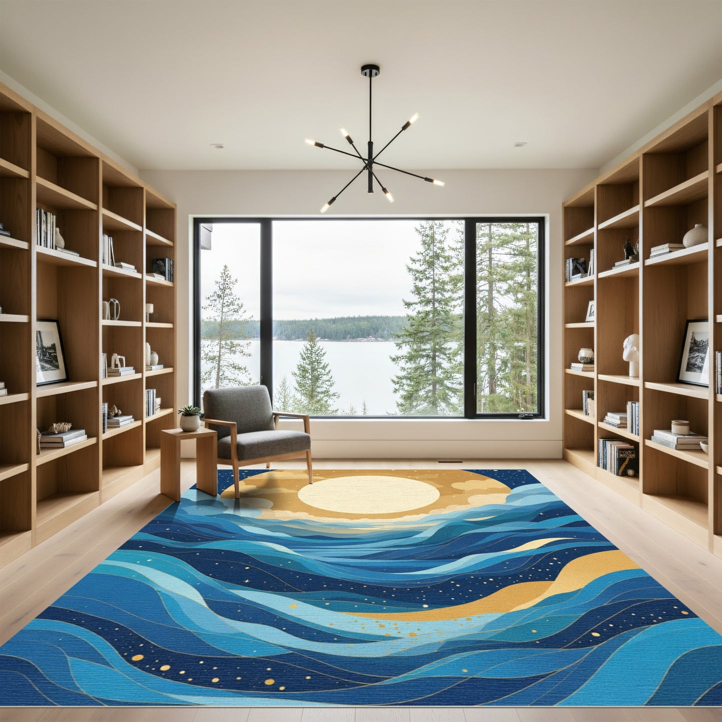 Golden Celestial Ocean Waves Art Rug