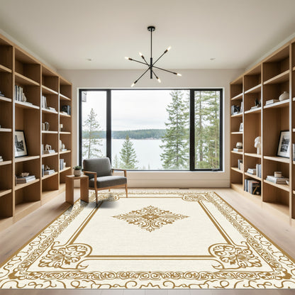 Ornate Golden Floral Corner Medallion Rug