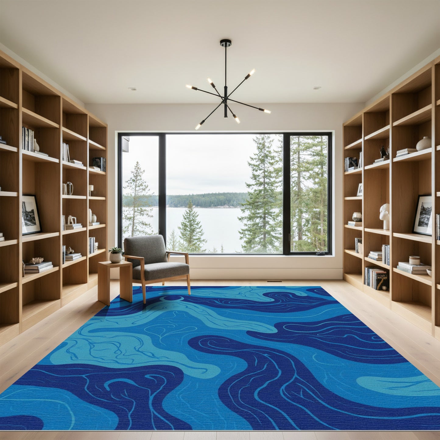 Deep Blue Wavy Organic Flow Rug