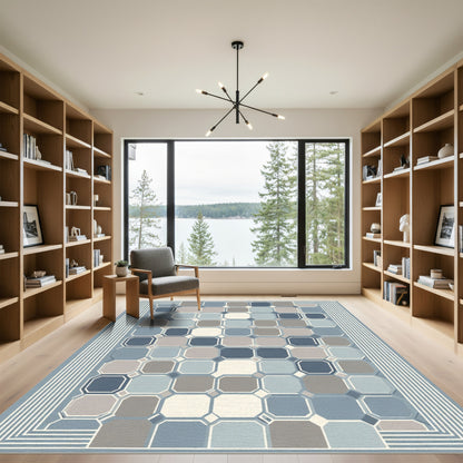 Cool Blue Geometric Octagon Grid Area Rug