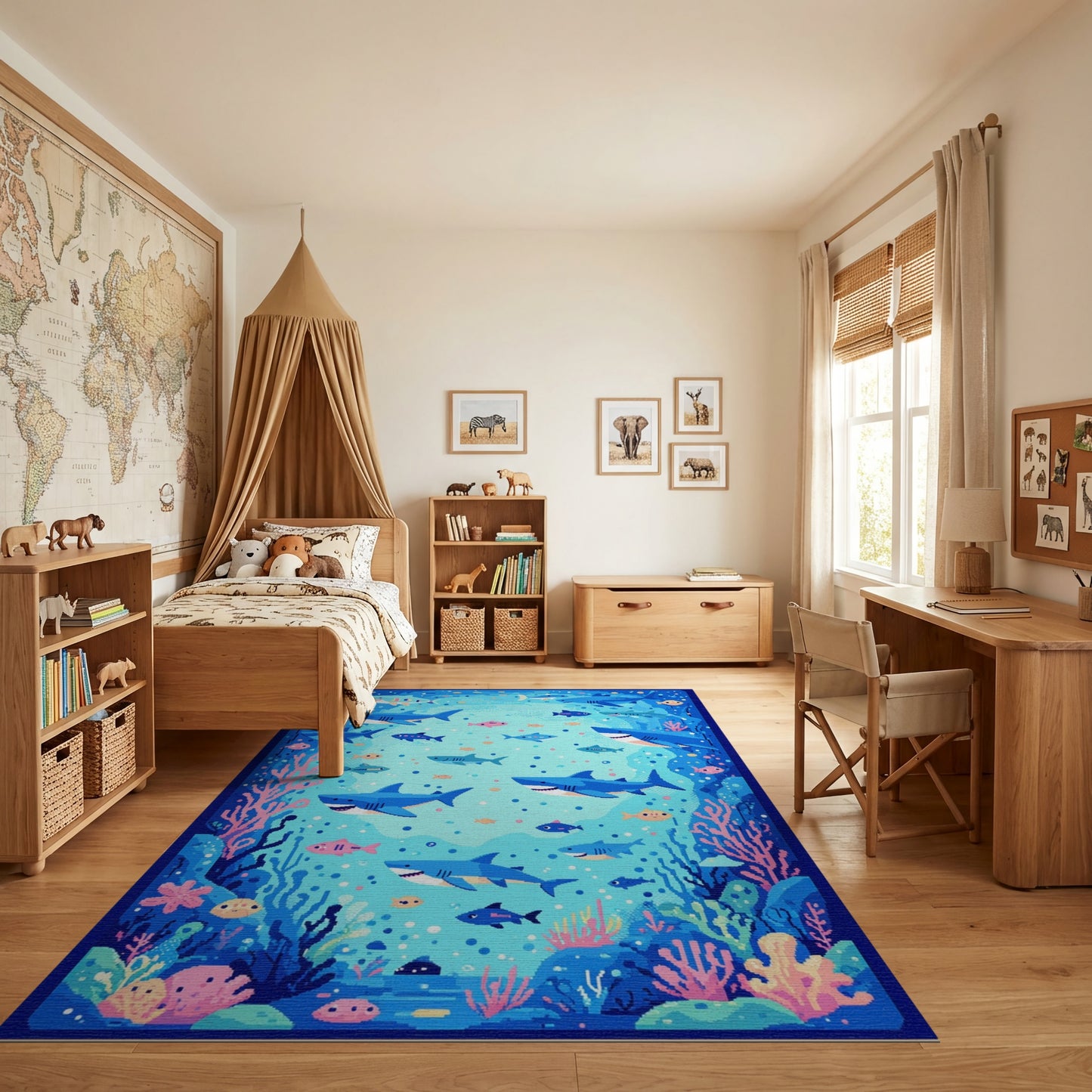 Vibrant Blue Sharks Coral Fish Rug