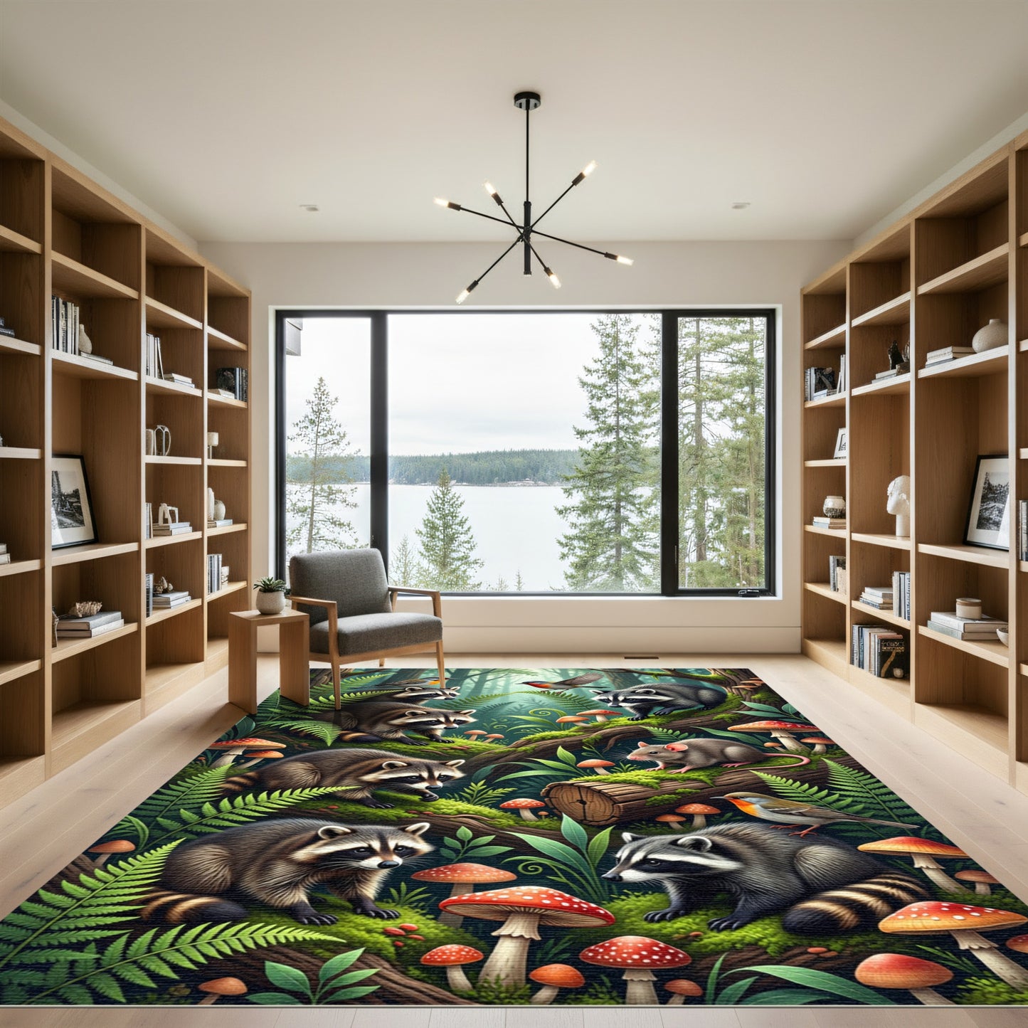 Enchanted Raccoon and Forest Mushroom Scene Rug