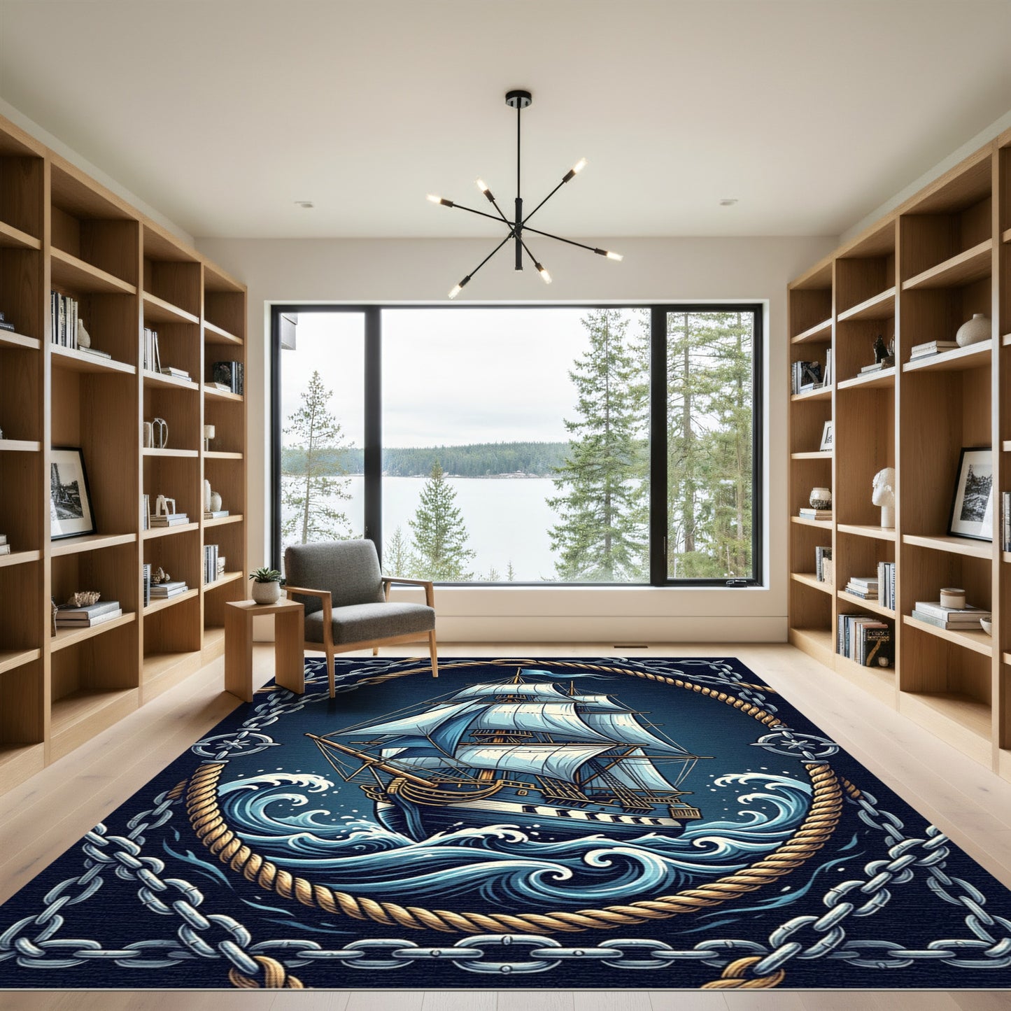 Nautical Tall Ship Ocean Waves Rug