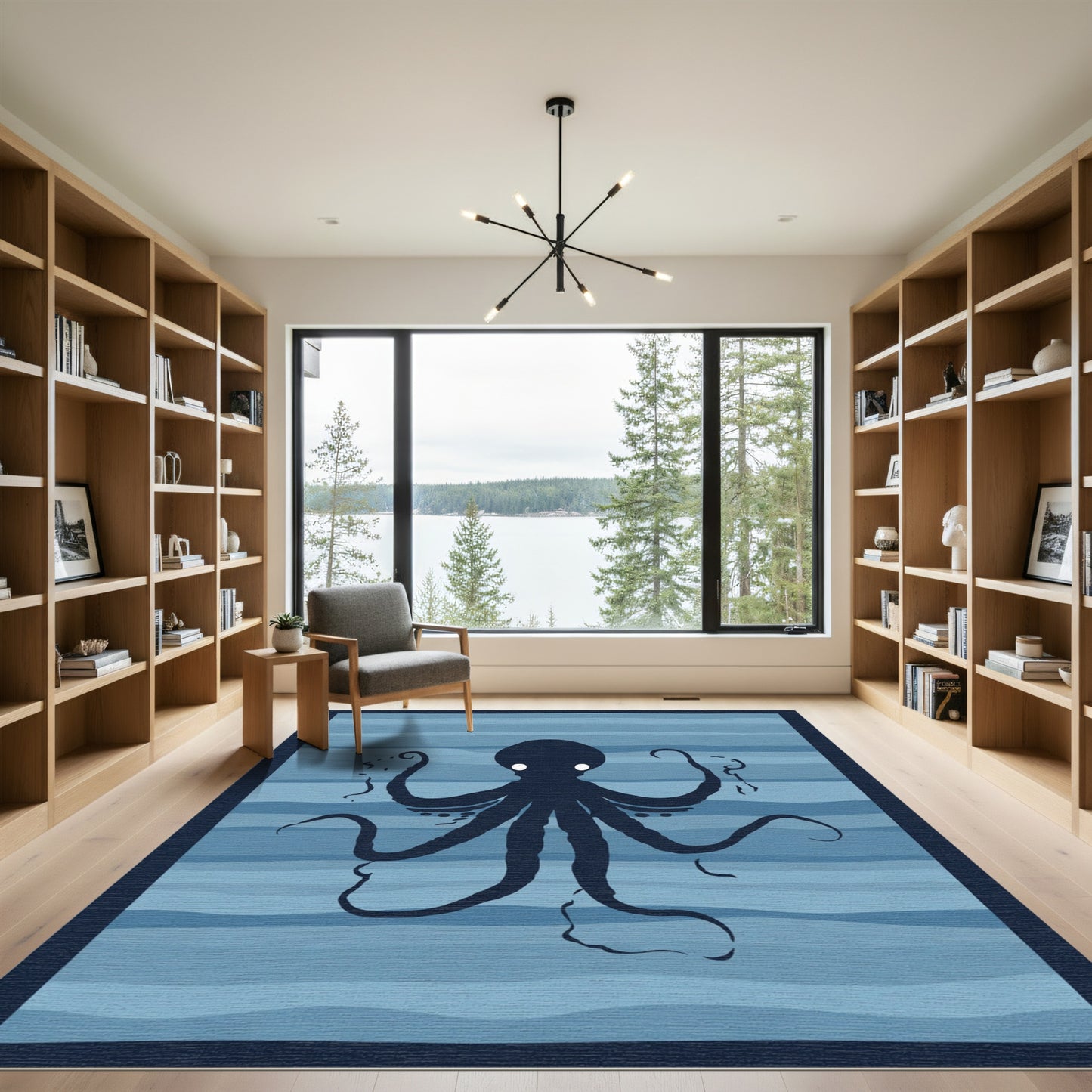 Deep Blue Silhouette Octopus Waves Rug