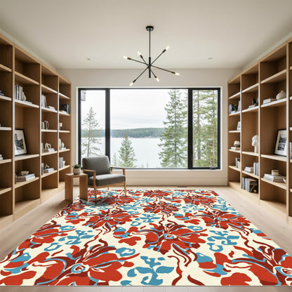 Bold Red Blue Floral Medallion Rug