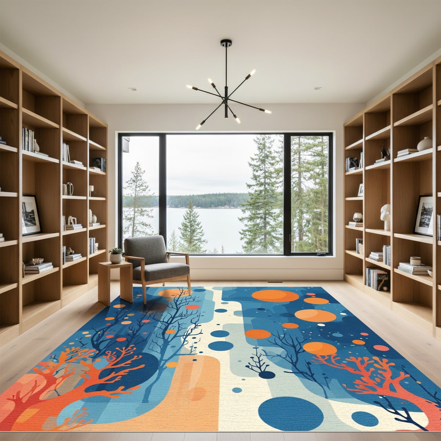 Vibrant Orange Coral Blue Abstract Nature Rug