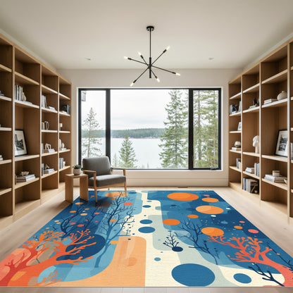 Vibrant Orange Coral Blue Abstract Nature Rug