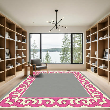 Ornate Pink Ivory Scrollwork Frame Rug