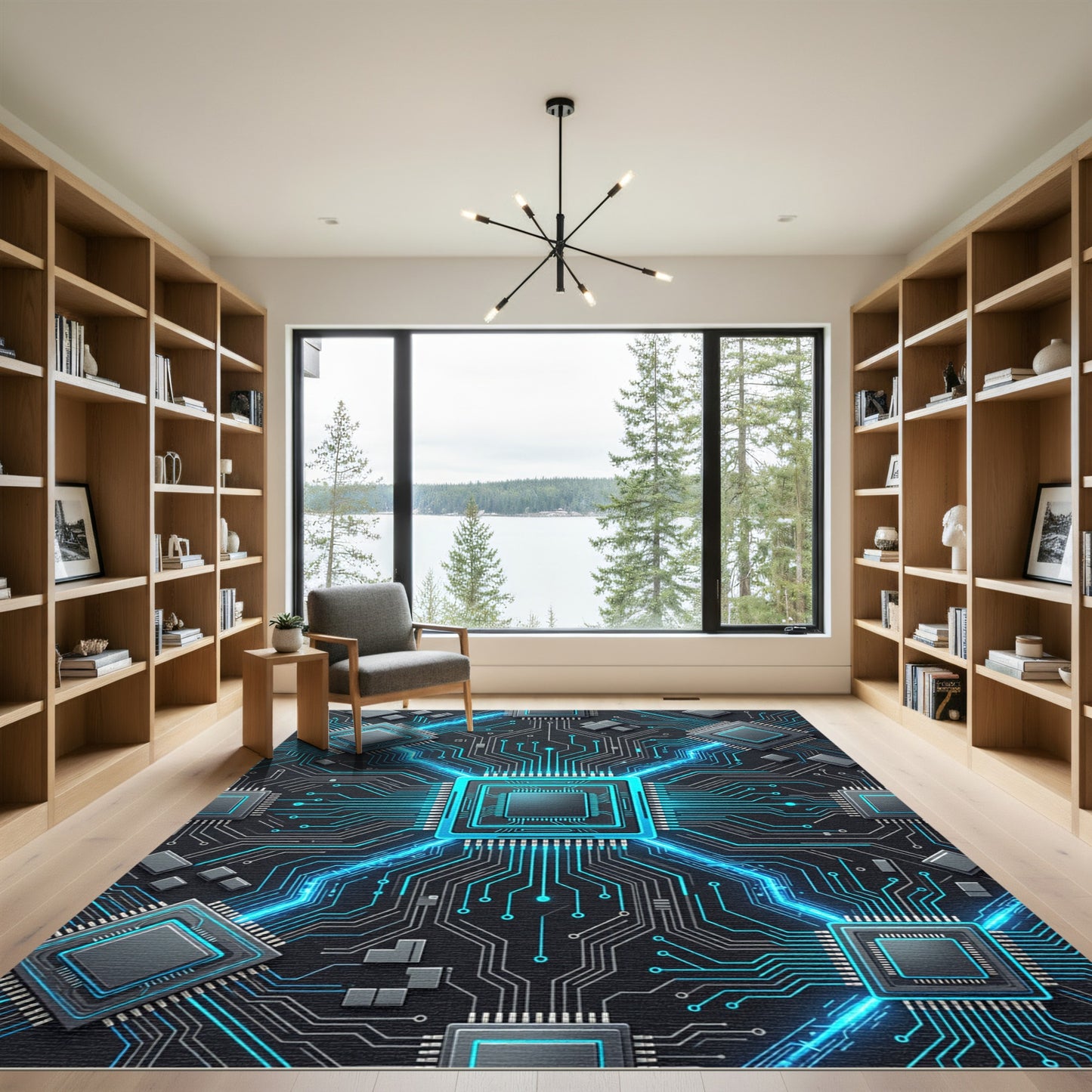 Cybernetic Blue Neon Circuit Grid Rug