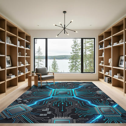Cybernetic Blue Neon Circuit Grid Rug