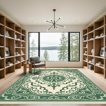 Deep Green Ivory Floral Medallion Rug