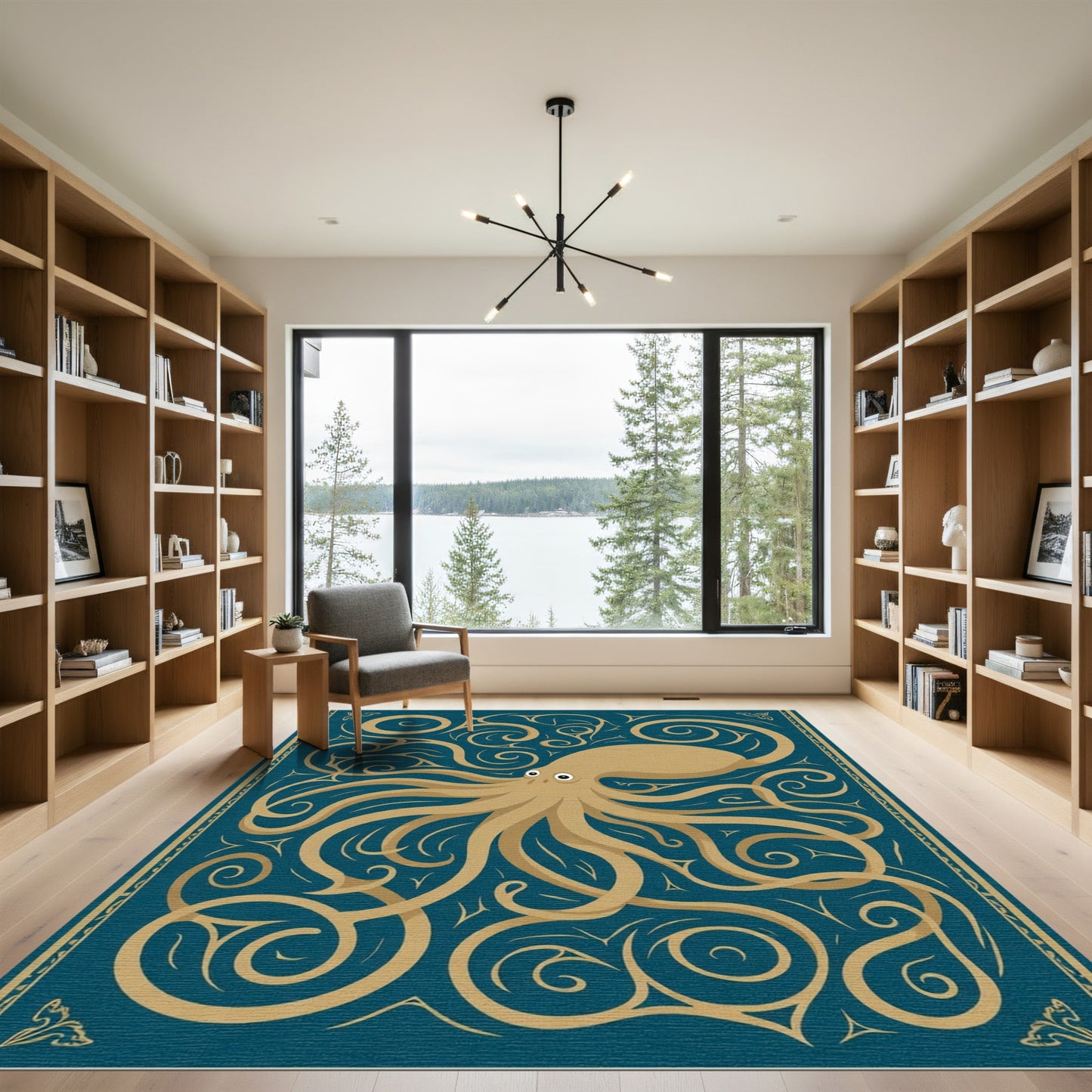 Golden Octopus Swirls Navy Rug