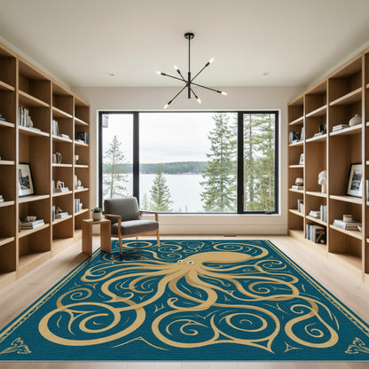 Golden Octopus Swirls Navy Rug