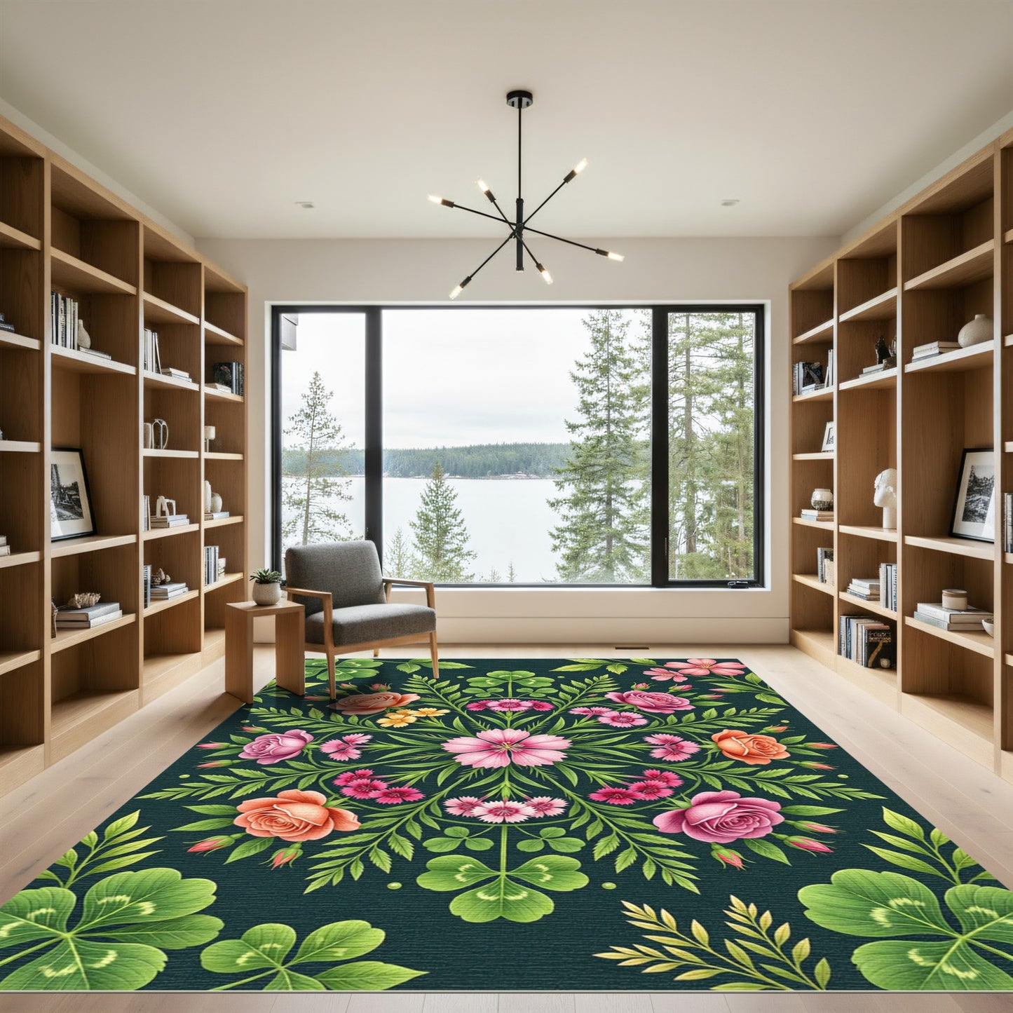 Symmetrical Botanical Rose and Clover Medallion Rug