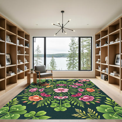Symmetrical Botanical Rose and Clover Medallion Rug