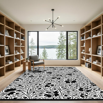 Black White Floral Vine Intricate Rug