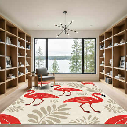 Red Flamingo Leaves Pattern Rug