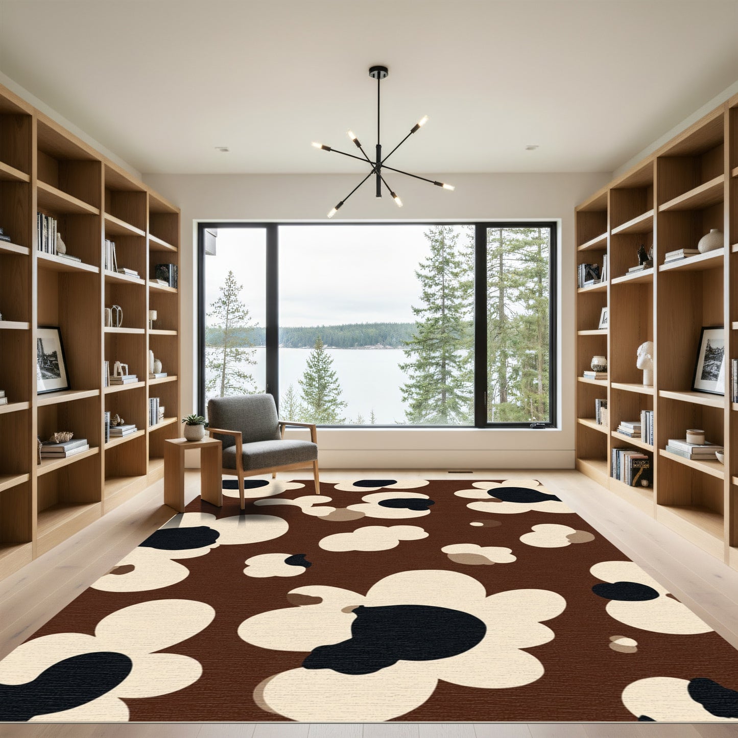 Brown Cream Black Mid Century Floral Rug